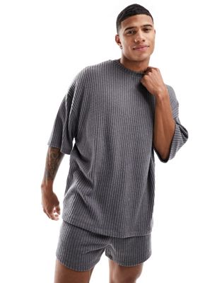 ASOS DESIGN loungewear set with t-shirt and shorts in charcoal textured rib