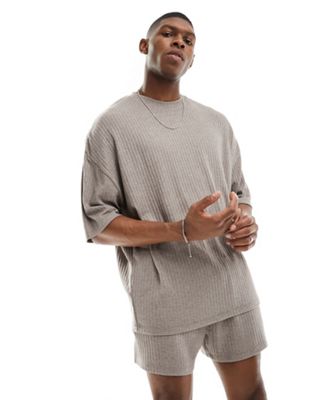 ASOS DESIGN loungewear set with t-shirt and shorts in stone textured rib
