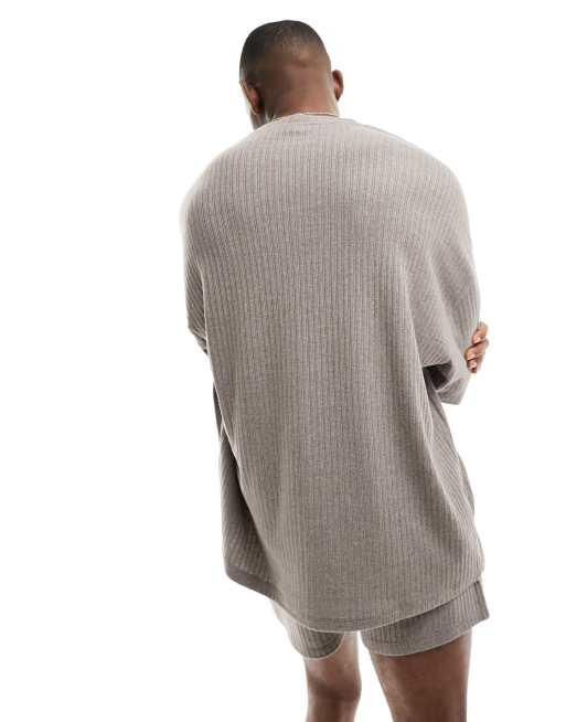 ASOS DESIGN loungewear set with t-shirt and shorts in stone textured rib, 3 of 4