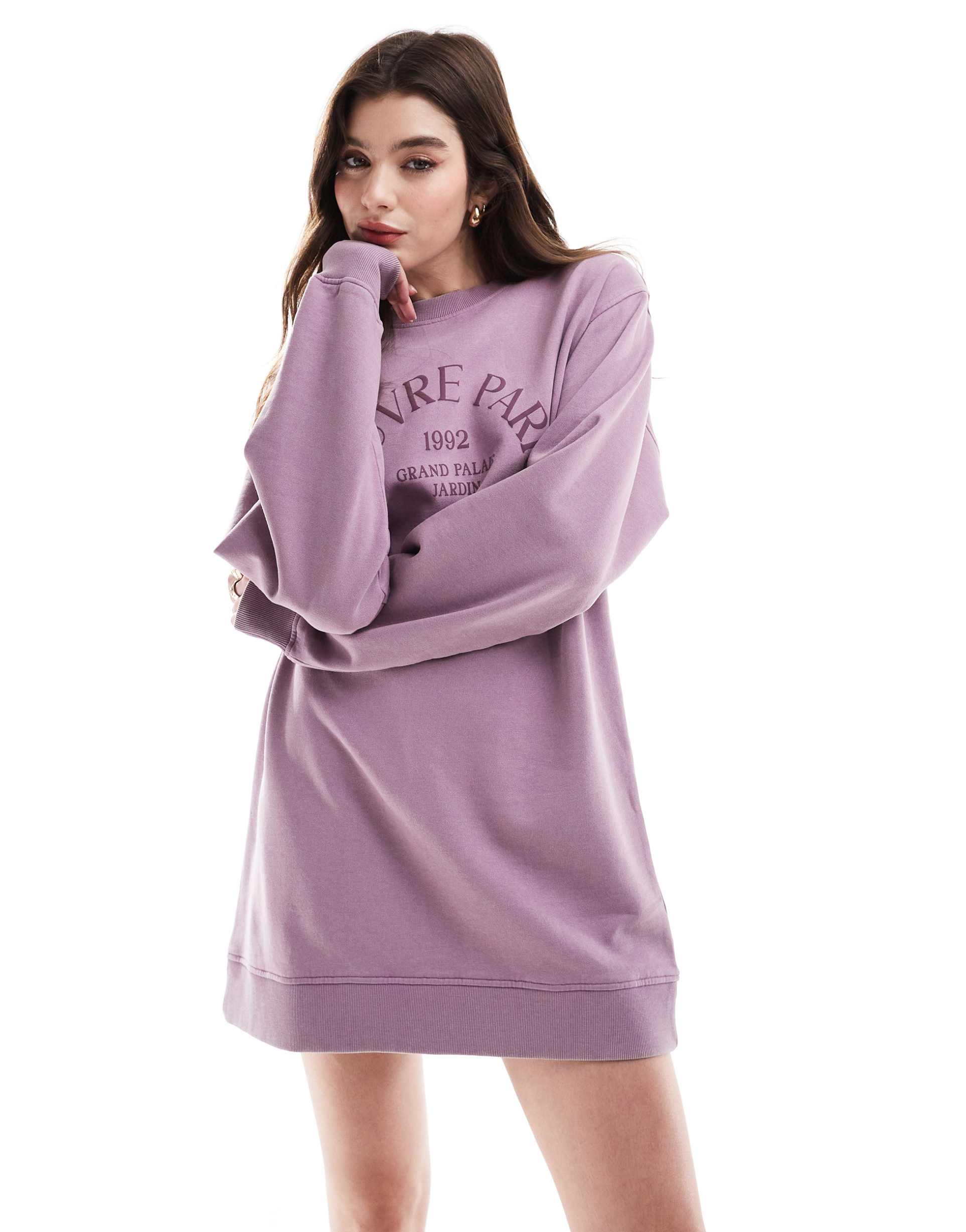 asos design louvre paris mini sweatshirt dress in washed lilac