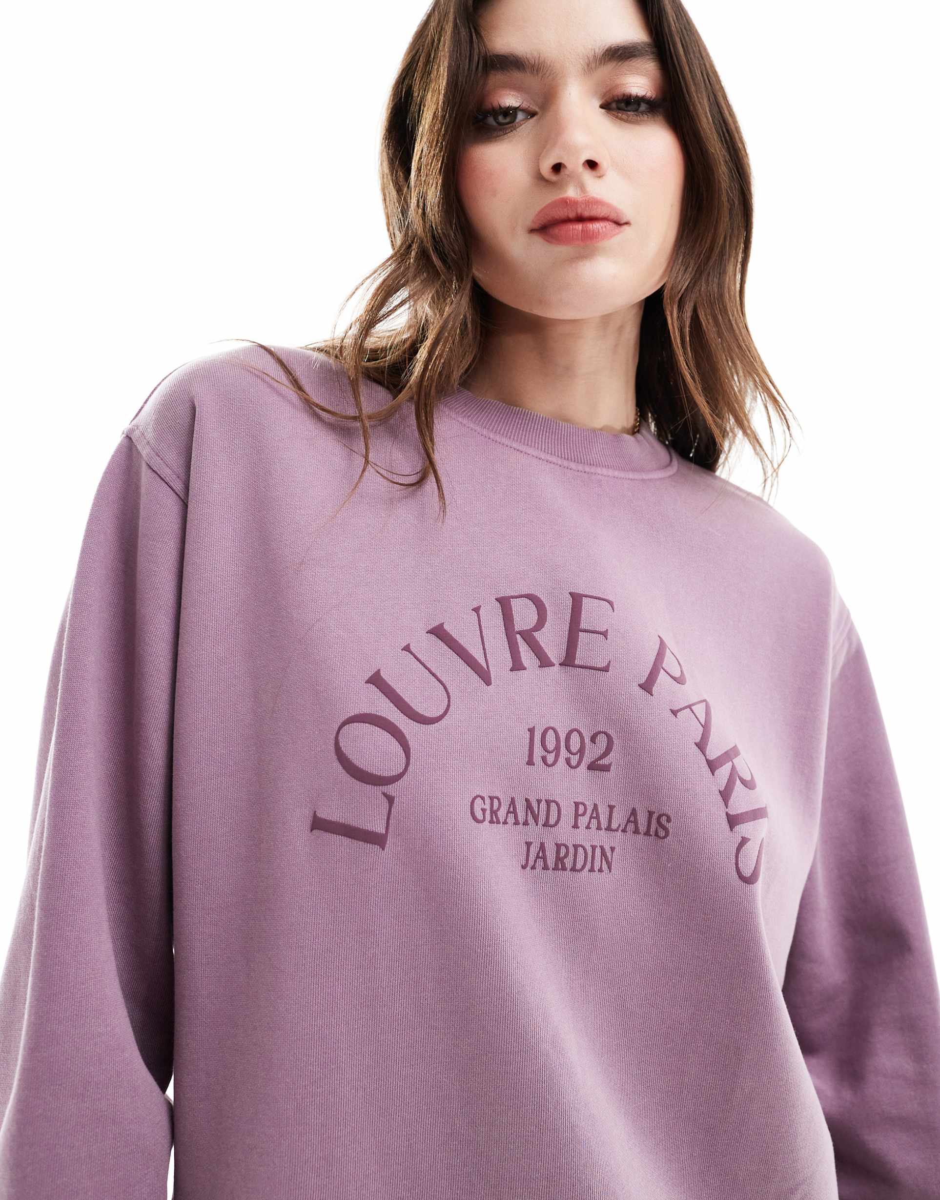 asos design louvre paris mini sweatshirt dress in washed lilac