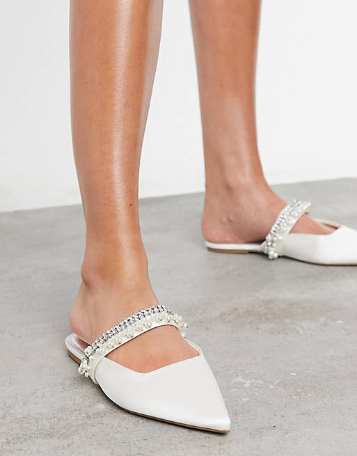 Women Flat Shoes/Love embellished mules in ivory 