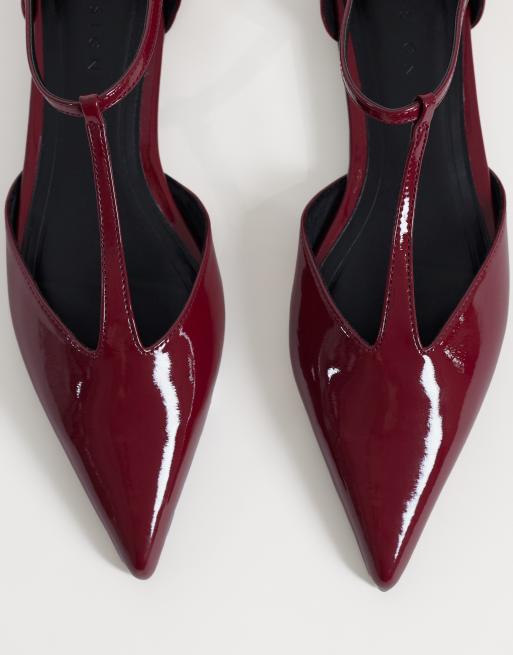 ASOS DESIGN Lover pointed T bar ballets in burgundy, 2 of 4