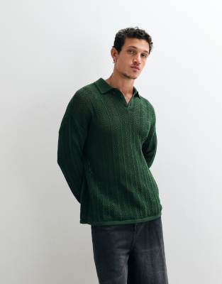 Asos Design Loversized Long Sleeved Knitted Crochet Polo In Multi