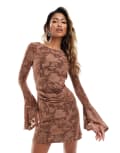 [ASOS DESIGN] ASOS DESIGN low back devore mini dress with wide cuffs in chocolate-Brown 12 Chocolate
