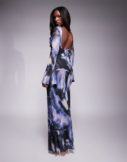 ASOS DESIGN low back floral mesh maxi dress with angel sleeves in blue abstract print