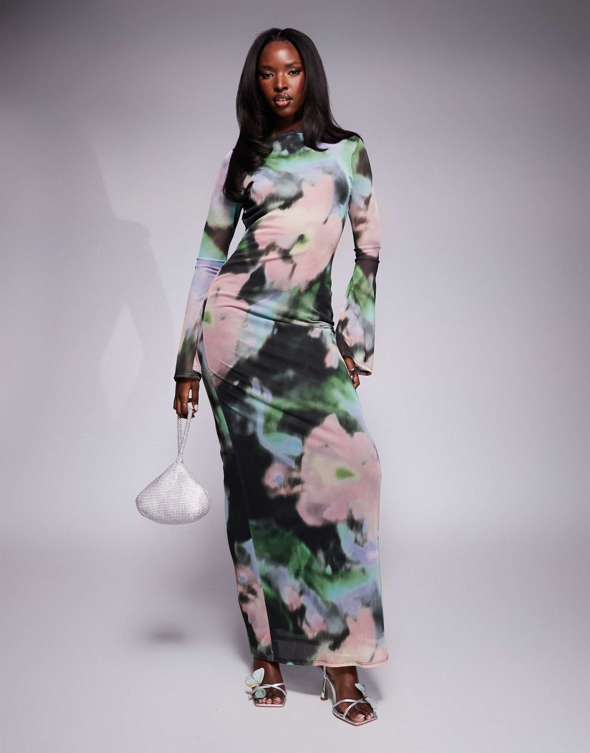 asos design low back floral mesh maxi dress with angel sleeves in green abstract print