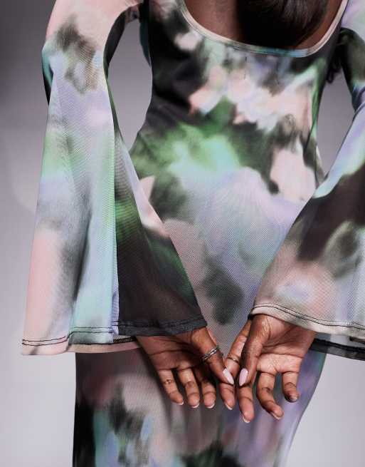 ASOS DESIGN low back floral mesh maxi dress with angel sleeves in green abstract print