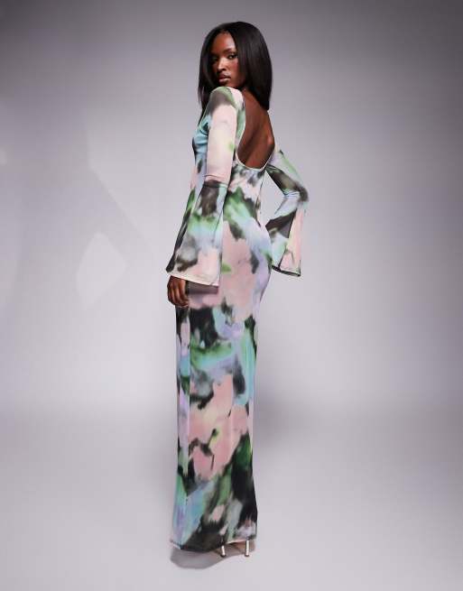 ASOS DESIGN low back floral mesh maxi dress with angel sleeves in green abstract print