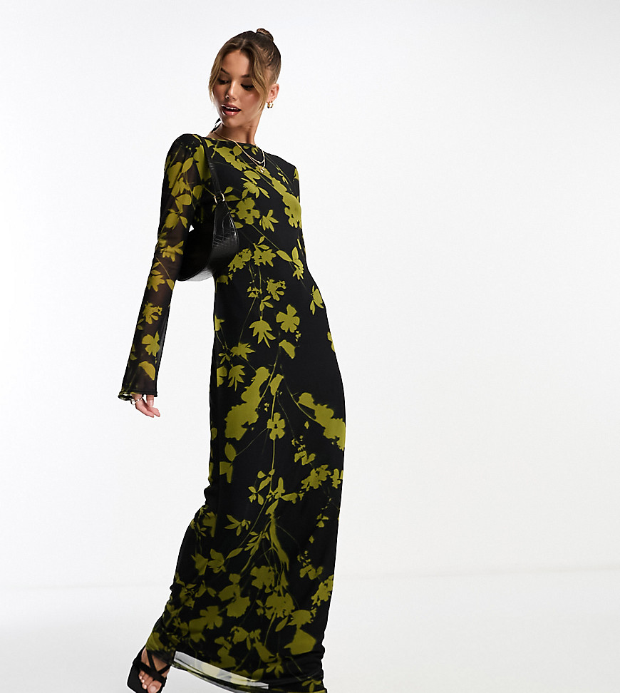 ASOS DESIGN low back floral mesh maxi dress with angel sleeves in green and black print-Multi