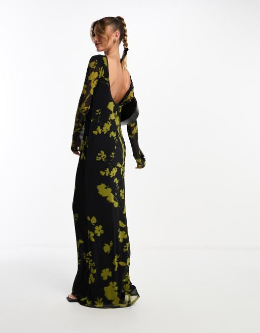 ASOS DESIGN low back floral mesh maxi dress with angel sleeves in green and black print