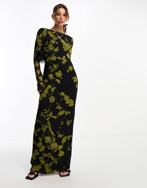 ASOS DESIGN low back floral mesh maxi dress with angel sleeves in green and black print