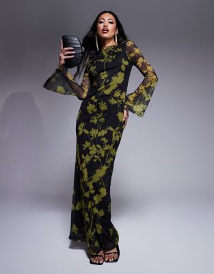 Asos Design Low Back Floral Mesh Maxi Dress With Angel Sleeves In Green And Black Print-multi In Multi
