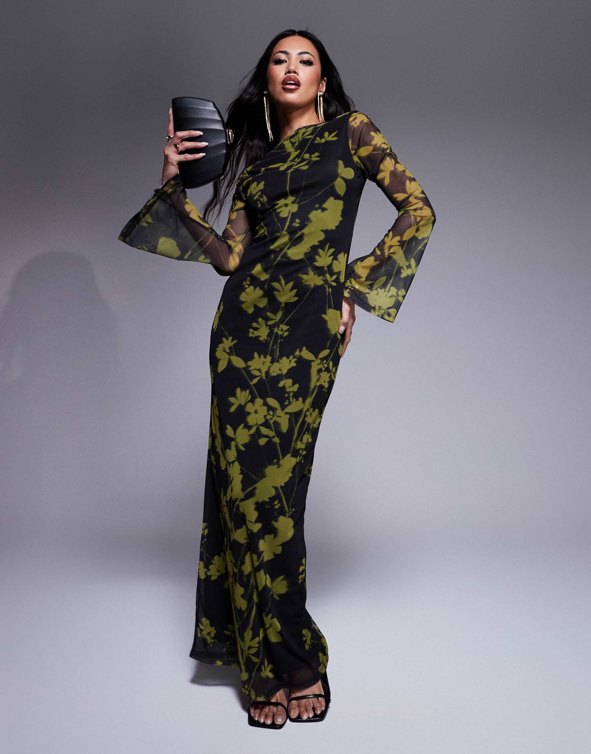 asos design low back floral mesh maxi dress with angel sleeves in green and black