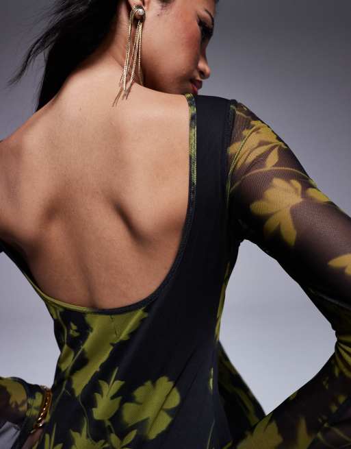 ASOS DESIGN low back floral mesh maxi dress with angel sleeves in green and black