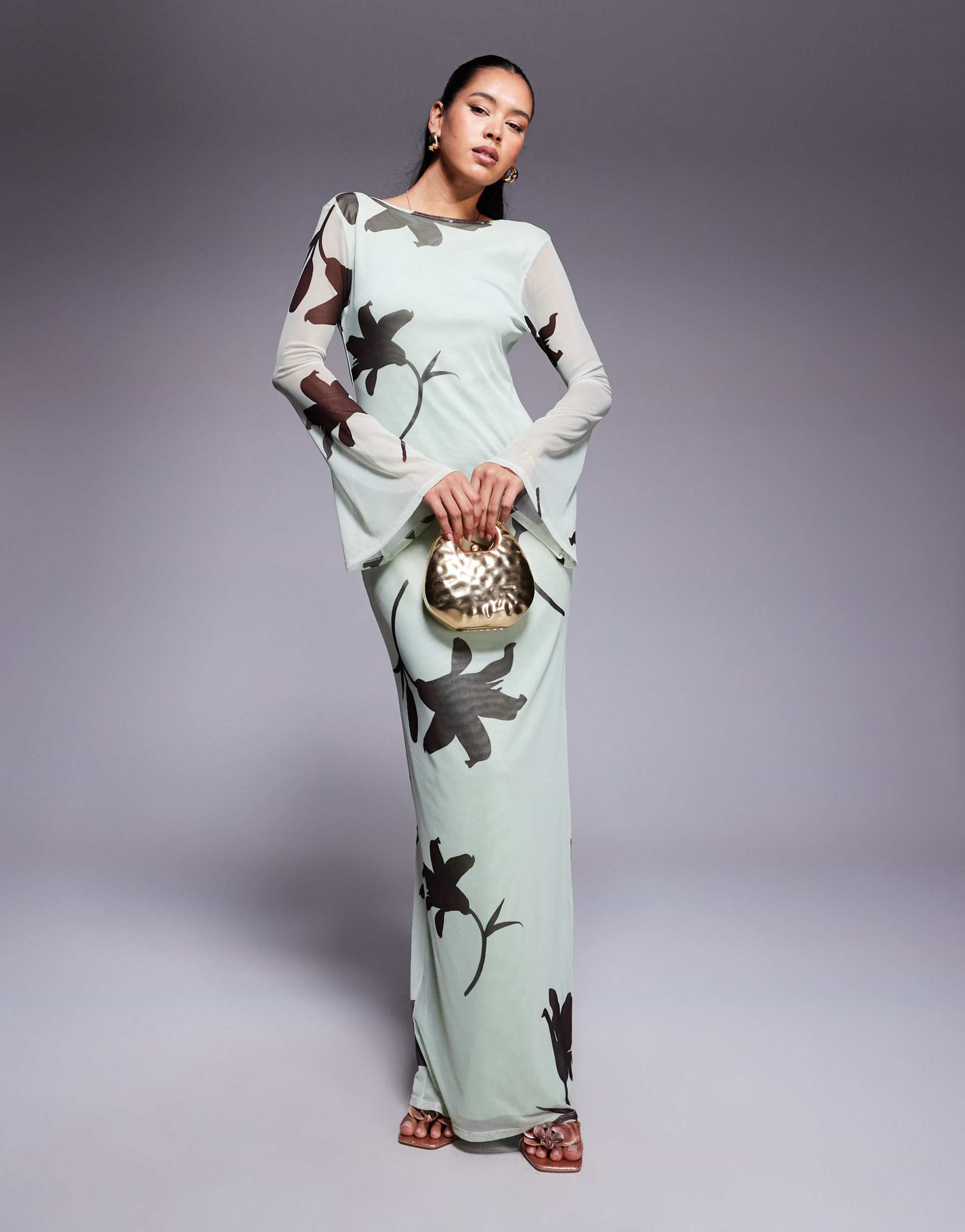 asos design low back floral mesh maxi dress with angel sleeves in green floral print