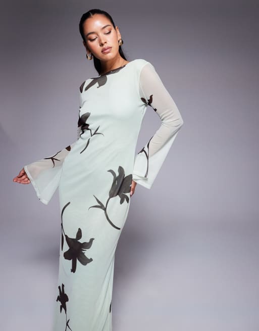 ASOS DESIGN low back floral mesh maxi dress with angel sleeves in green floral print