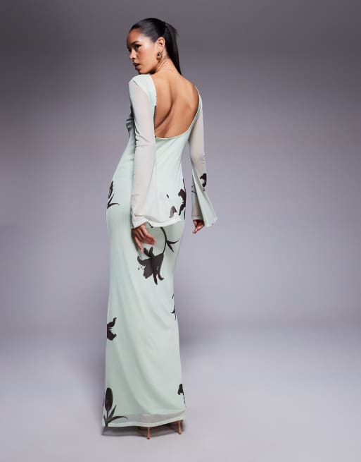 ASOS DESIGN low back floral mesh maxi dress with angel sleeves in green floral print