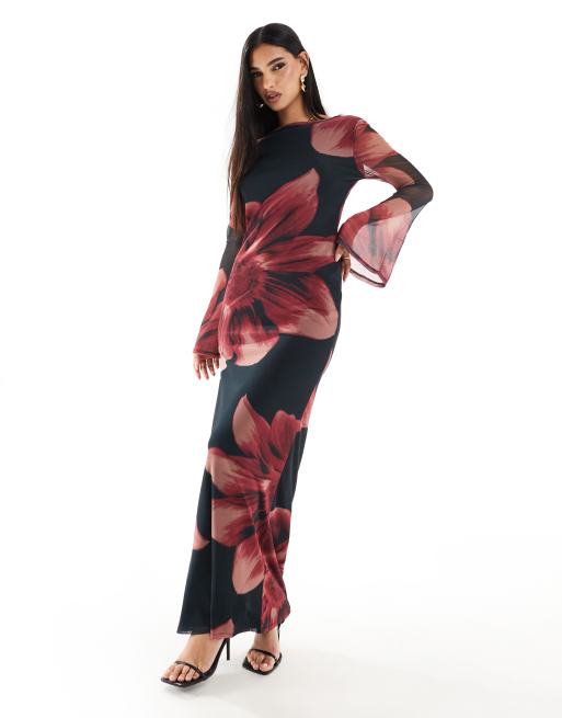 ASOS DESIGN low back floral mesh maxi dress with angel