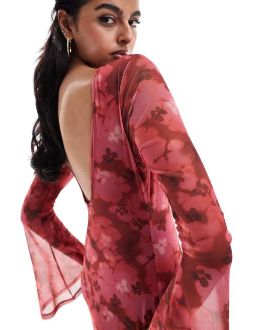 ASOS DESIGN low back floral mesh maxi dress with angel sleeves in red floral print ASOS
