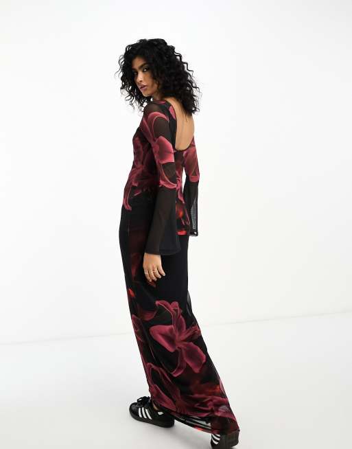 ASOS DESIGN low back floral mesh maxi dress with angel sleeves in red print