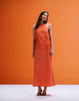 Asos Design Low Back Halter Midi Dress With Waist Embroidery