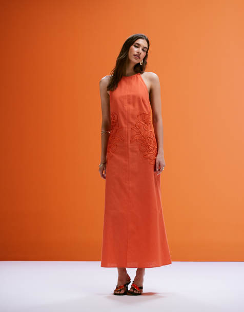 ASOS DESIGN low back halter midi dress with waist embroidery in orange - view 1