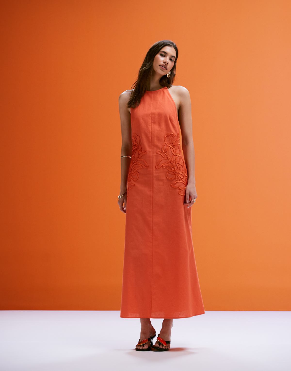 ASOS DESIGN low back halter midi dress with waist embroidery in orange