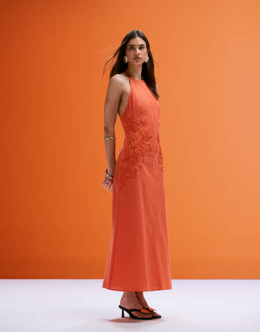 ASOS DESIGN low back halter midi dress with waist embroidery in orange