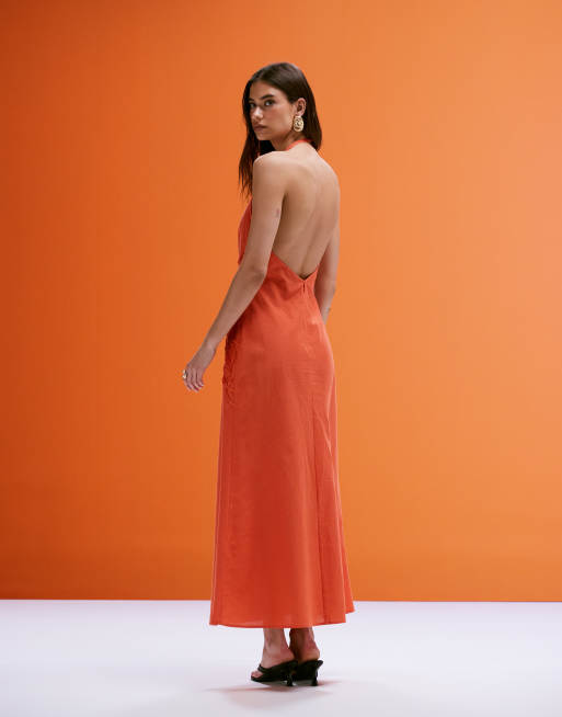 ASOS DESIGN low back halter midi dress with waist embroidery in orange
