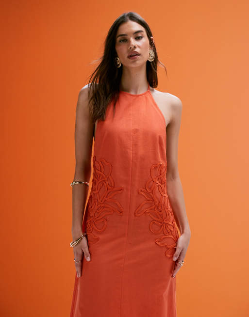 ASOS DESIGN low back halter midi dress with waist embroidery in orange