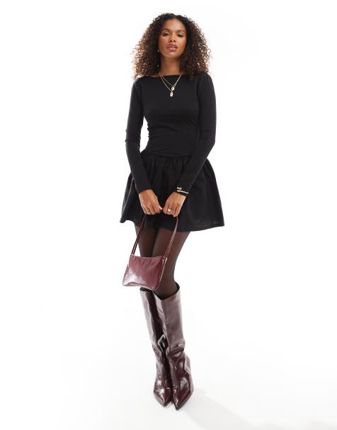 ASOS DESIGN low back long sleeve poplin mix skater dress in black