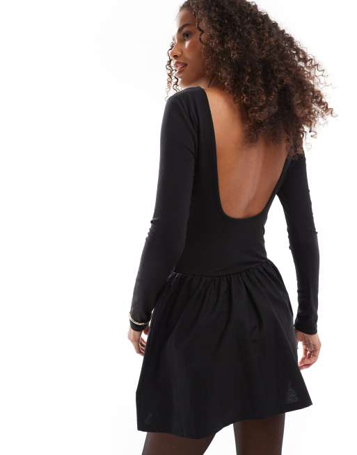 ASOS DESIGN low back long sleeve poplin mix skater dress in black ASOS