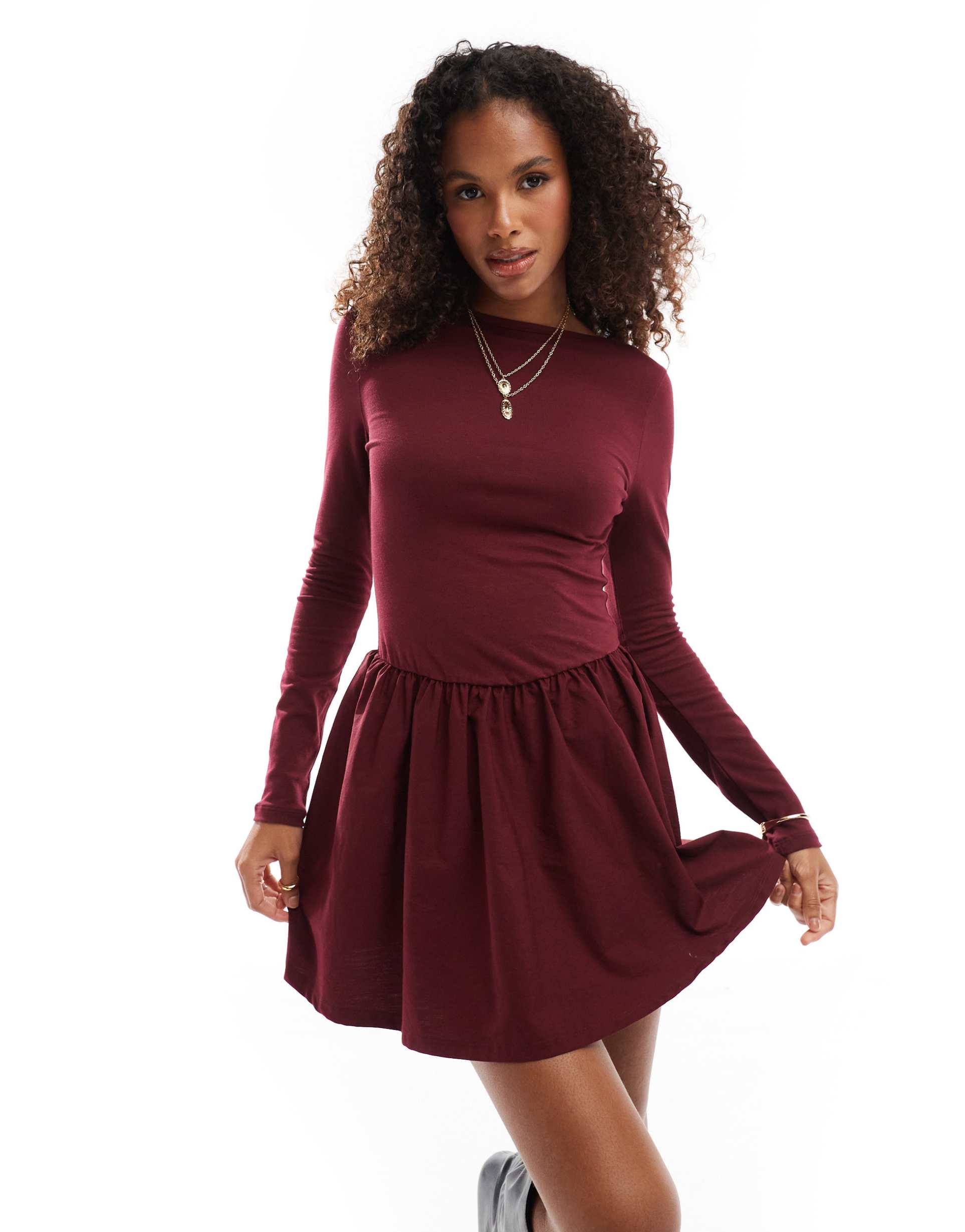 asos design low back long sleeve poplin mix skater dress in burgundy