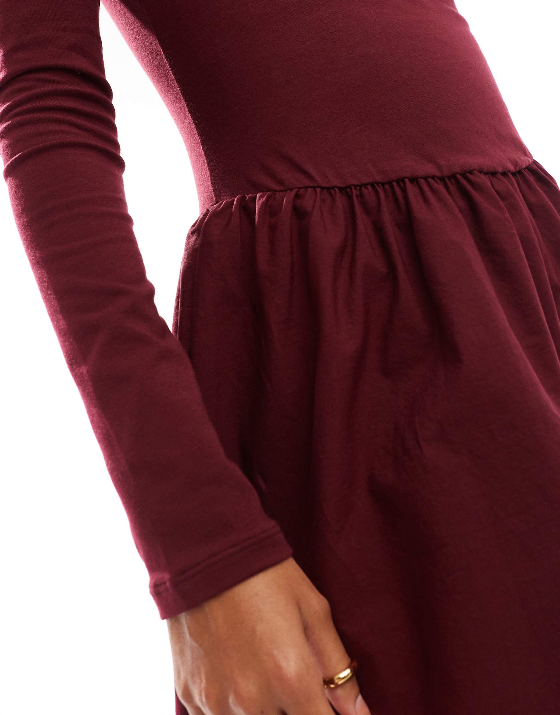 asos design low back long sleeve poplin mix skater dress in burgundy