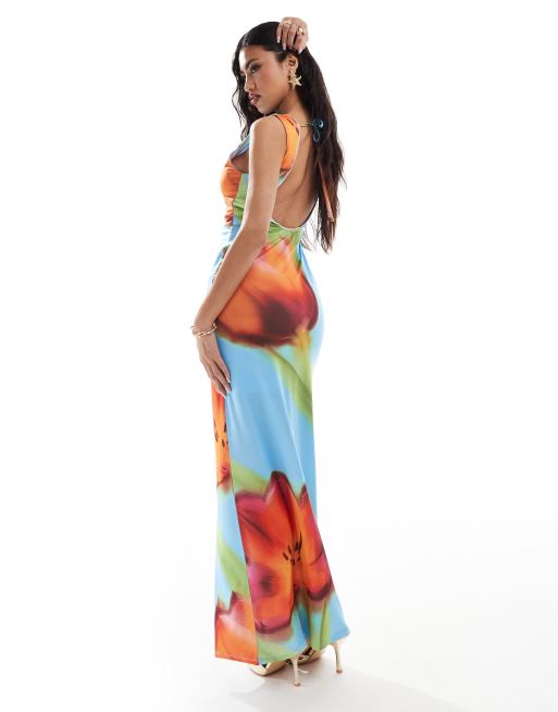 ASOS DESIGN low back maxi dress with white picot trim in oversized blue floral print, 2 of 4
