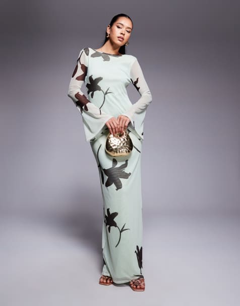 ASOS DESIGN low back mesh maxi dress with angel sleeves in green floral print - view 1