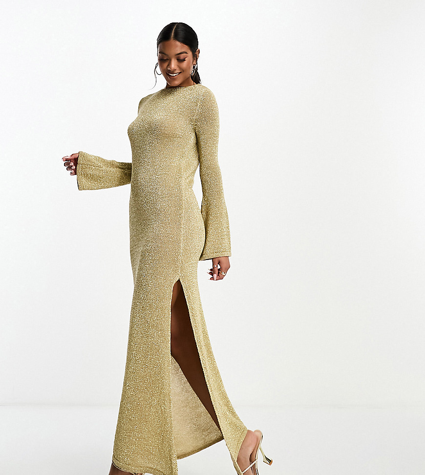 ASOS DESIGN low back metallic knit maxi dress with angel sleeves in gold