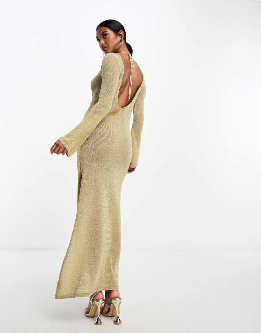 ASOS DESIGN low back metallic knit maxi dress with angel sleeves in gold