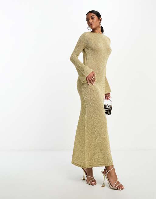 ASOS DESIGN low back metallic knit maxi dress with angel sleeves in gold