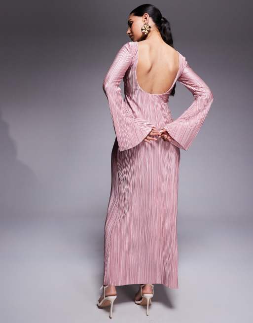 ASOS DESIGN low back plisse maxi dress with angel sleeves in light pink