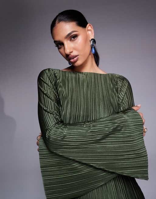 ASOS DESIGN low back plisse maxi dress with angel sleeves in soft khaki