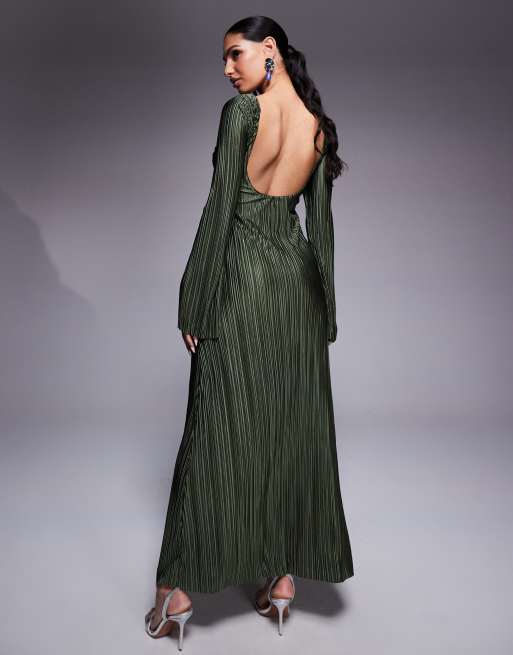 ASOS DESIGN low back plisse maxi dress with angel sleeves in soft khaki