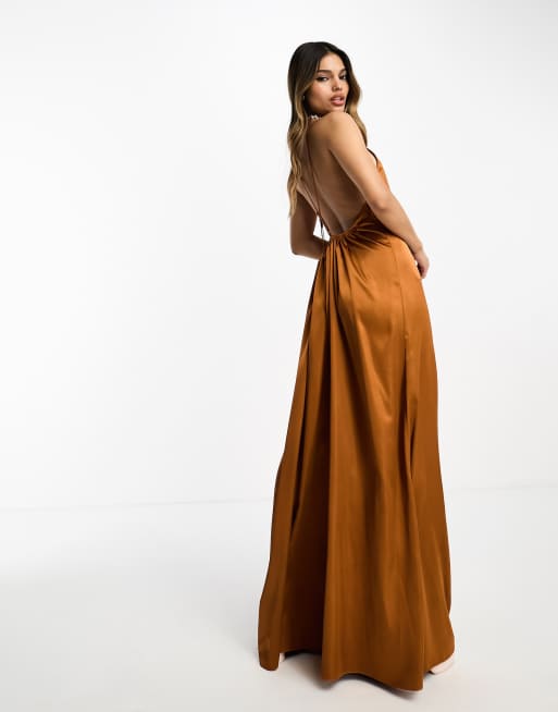 ASOS DESIGN low back satin jumpsuit in burnt orange