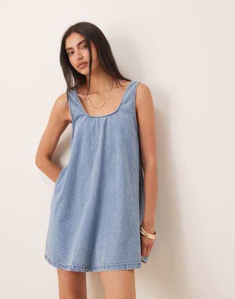 ASOS DESIGN low back scoop neck dress in lightwash blue - view 1