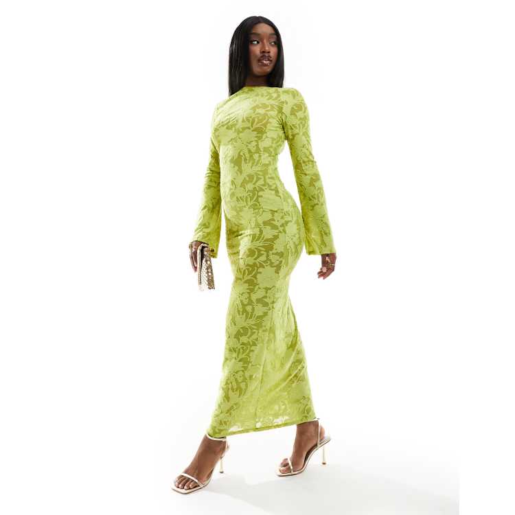 ASOS DESIGN low back sheer burnout mesh maxi dress with angel sleeves in  lime