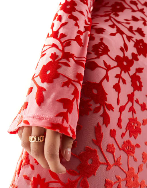 ASOS DESIGN low back sheer burnout mesh maxi dress with angel sleeves in red, 3 of 4
