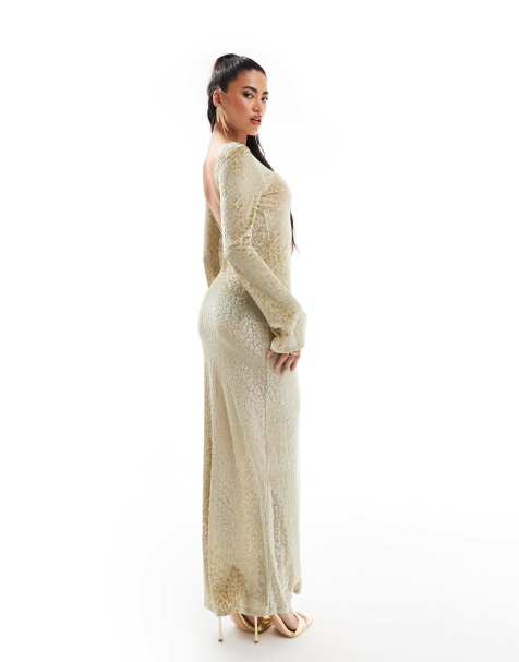 ASOS DESIGN low back sheer burnout mesh maxi dress with angel sleeves in sage - view 1