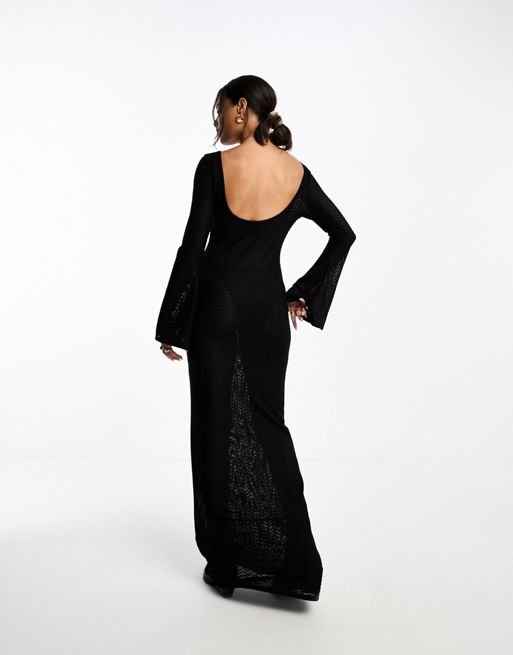 ASOS DESIGN low back sheer textured maxi dress with angel sleeves in black, 3 of 4