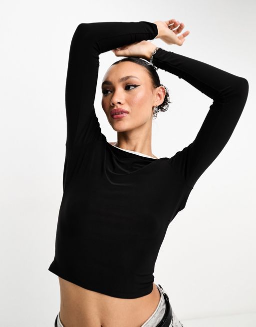 ASOS DESIGN scoop back top with contrast bow detail in black